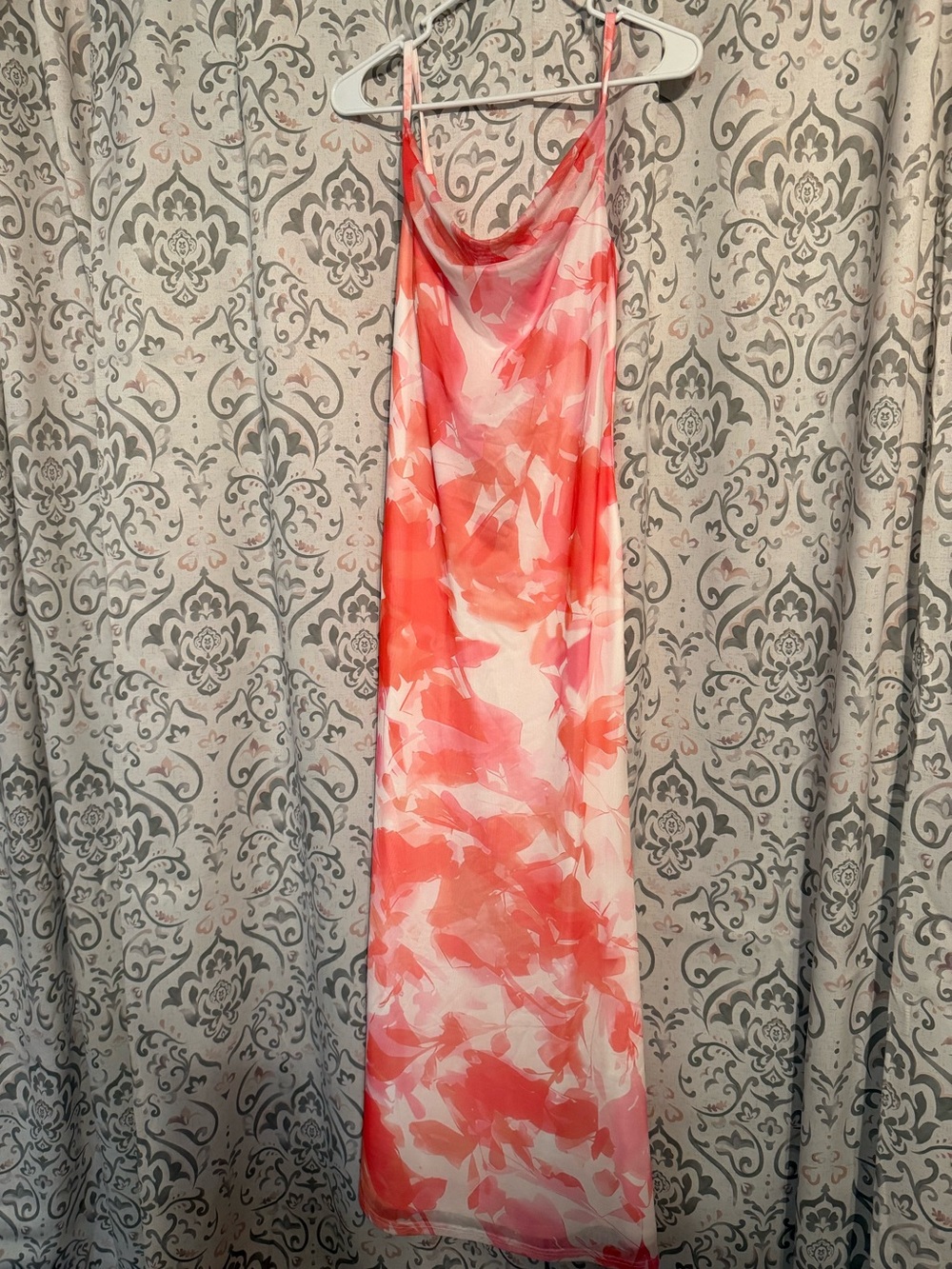 Coral & White Watercolor Floral Printed Spaghetti Strap Slip Dress